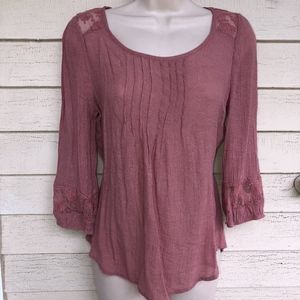 EAM puce mesh lace tie back blouse/3/4 sl